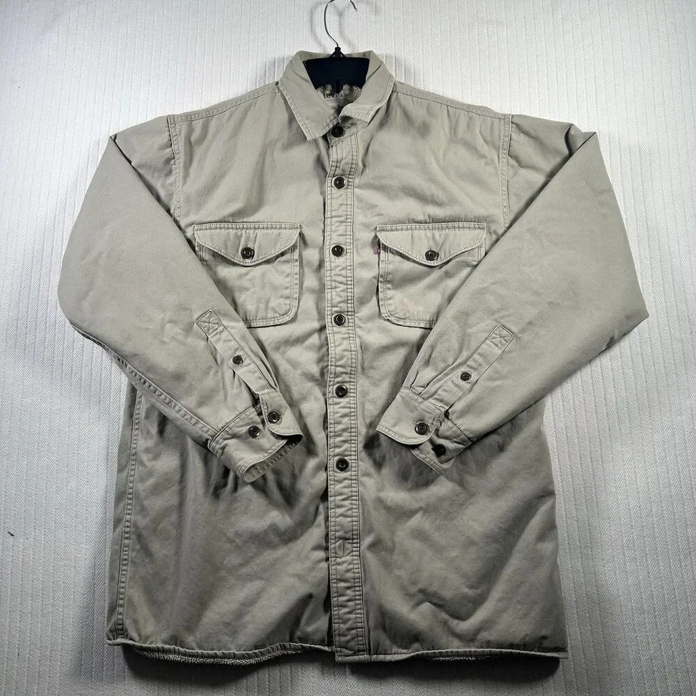 Vintage Levis Sherpa Fleece Lined Button Up Shirt Jacket Shacket Mens M Tan